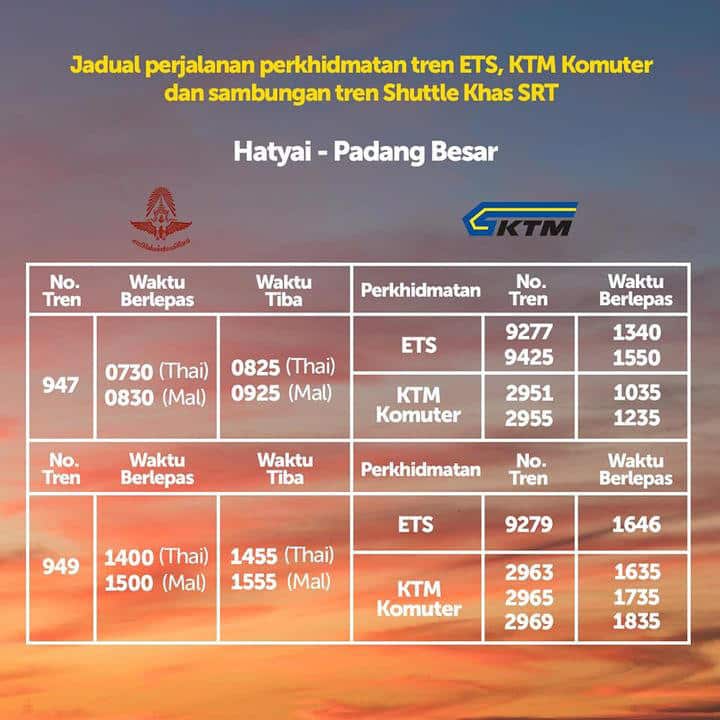 Berikut adalah jadual kereta api ke arah Selatan dari Hat Yai ke Padang Besar.